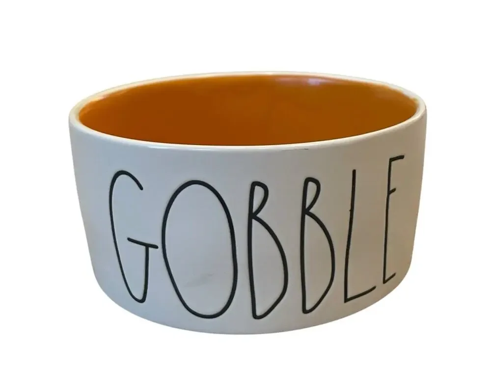 Rae Dunn Artisan Collection Dog Bowl GOBBLE Ceramic 5.5in White Orange NWOT